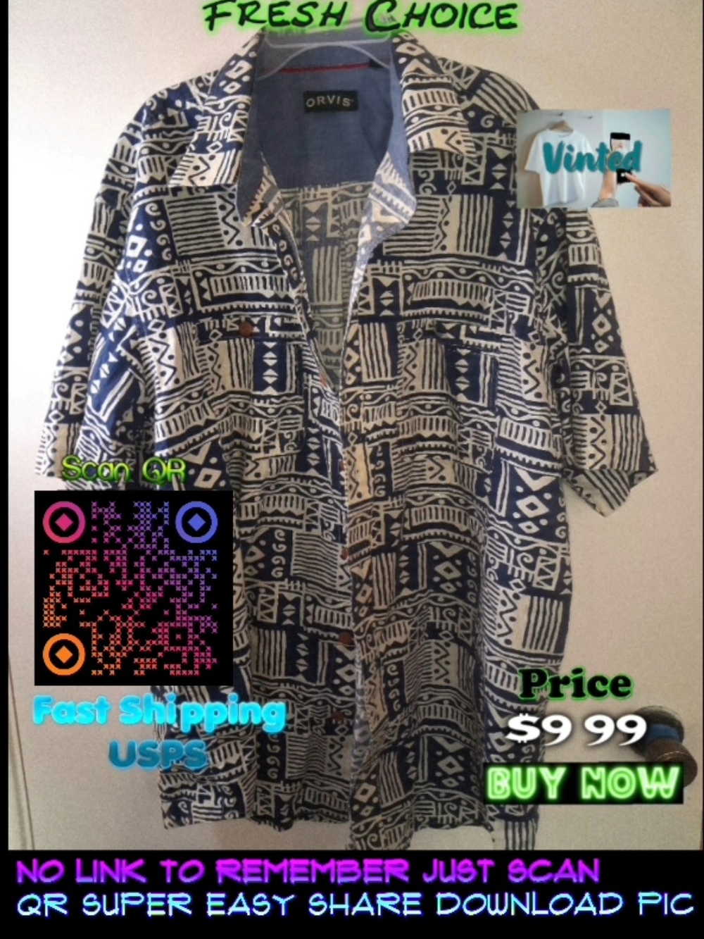 Orvis Navy and White Geometric Short-Sleeve Button-Up Shirt